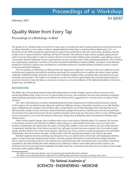 Cover: Quality Water from Every Tap: Proceedings of a Workshop–in Brief