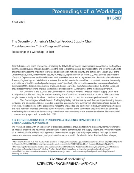The Security of America's Medical Product Supply Chain: Considerations for Critical Drugs and Devices: Proceedings of a Workshop—in Brief