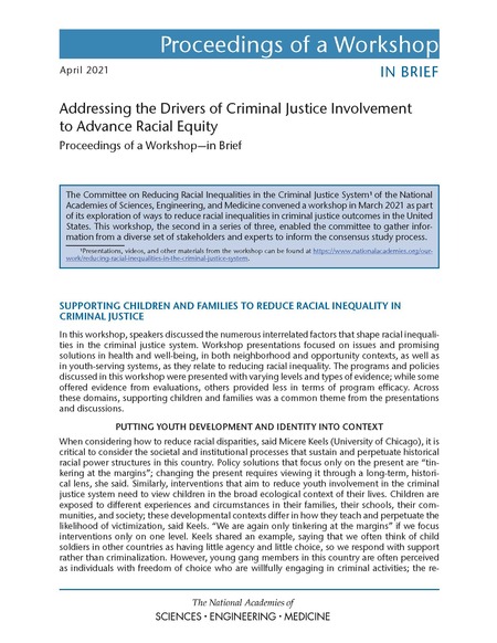 Addressing the Drivers of Criminal Justice Involvement to Advance Racial Equity: Proceedings of a Workshop—in Brief