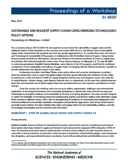 Cover:Sustainable and Resilient Supply Chains Using Emerging Technologies: Policy Options: Proceedings of a Workshop–in Brief