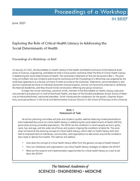 Exploring the Role of Critical Health Literacy in Addressing the Social Determinants of Health: Proceedings of a Workshop—in Brief
