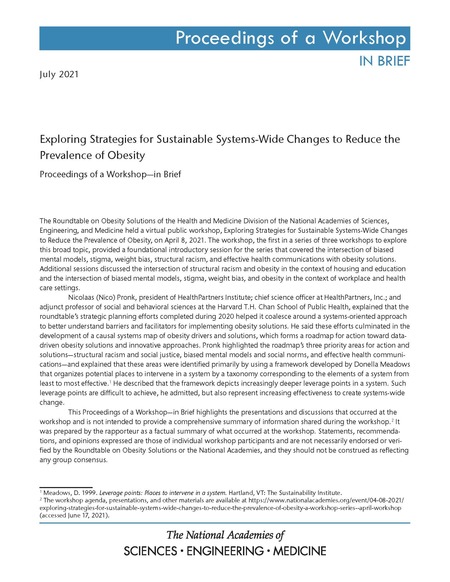 Exploring Strategies for Sustainable Systems-Wide Changes to Reduce the Prevalence of Obesity: Proceedings of a Workshop–in Brief