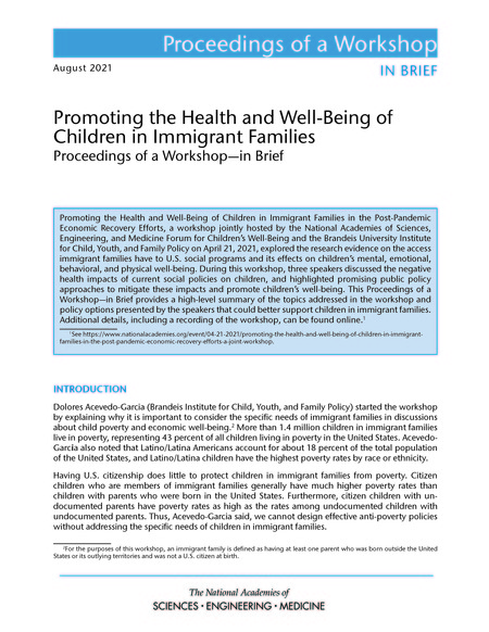 Promoting the Health and Well-Being of Children in Immigrant Families: Proceedings of a Workshop–in Brief