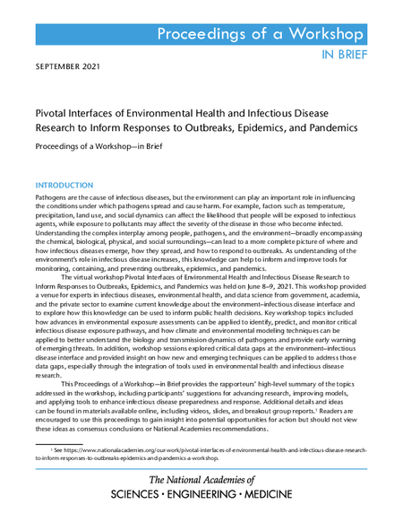 Cover: Pivotal Interfaces of Environmental Health and Infectious Disease Research to Inform Responses to Outbreaks, Epidemics, and Pandemics: Proceedings of a Workshop–in Brief