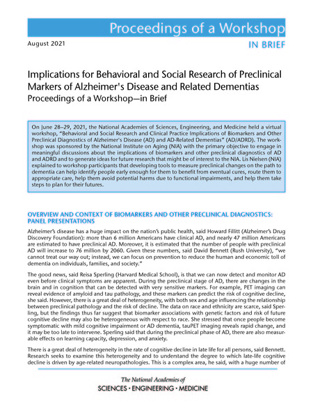 Implications for Behavioral and Social Research of Preclinical Markers of Alzheimer's Disease and Related Dementias: Proceedings of a Workshop–in Brief