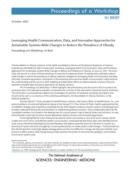 Leveraging Health Communication, Data, and Innovative Approaches for Sustainable Systems-Wide Changes to Reduce the Prevalence of Obesity: Proceedings of a Workshop–in Brief