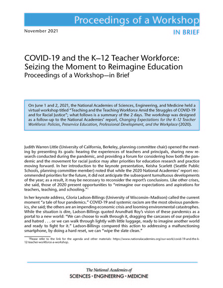 Cover: COVID-19 and the K-12 Teacher Workforce: Seizing the Moment to Reimagine Education: Proceedings of a Workshop–in Brief