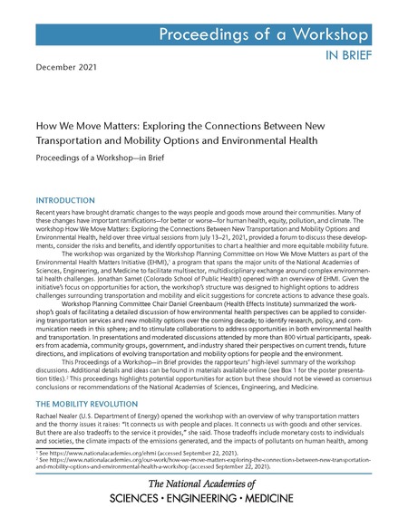 Cover: How We Move Matters: Exploring the Connections Between New Transportation and Mobility Options and Environmental Health: Proceedings of a Workshop—in Brief