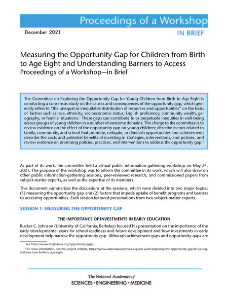 Cover: Measuring the Opportunity Gap for Children from Birth to Age Eight and Understanding Barriers to Access: Proceedings of a Workshop–in Brief