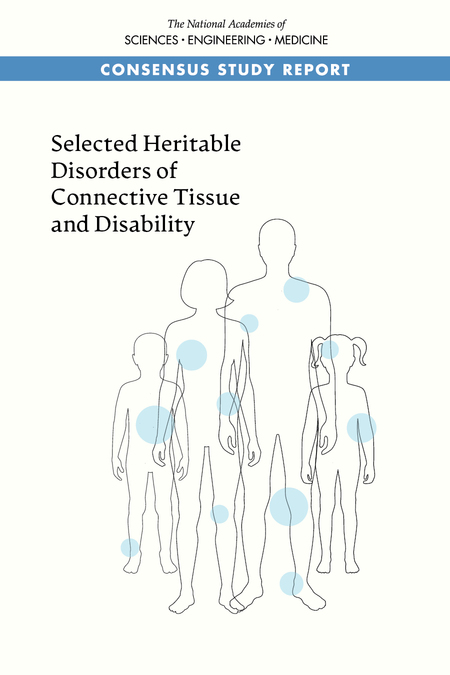 A magazine cover with an illustration of four people resembling a family and text: Selected Heritable Disorders of Connective Tissue and Disability