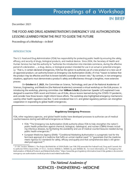 Cover:The Food and Drug Administration's Emergency Use Authorization: Lessons Learned from the Past to Guide the Future: Proceedings of a Workshop–in Brief