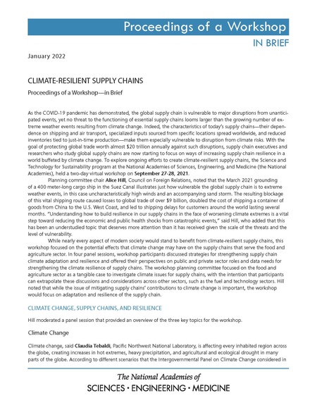 Cover: Climate-Resilient Supply Chains: Proceedings of a Workshop–in Brief