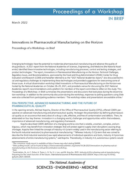 Innovations in Pharmaceutical Manufacturing on the Horizon: Proceedings of a Workshop–in Brief