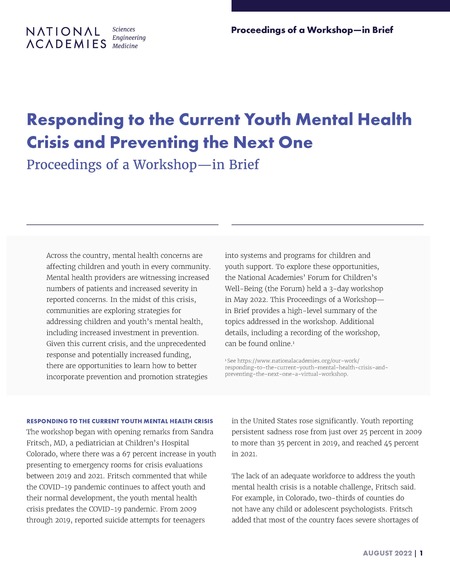 Responding to the Current Youth Mental Health Crisis and Preventing the Next One: Proceedings of a Workshop–in Brief
