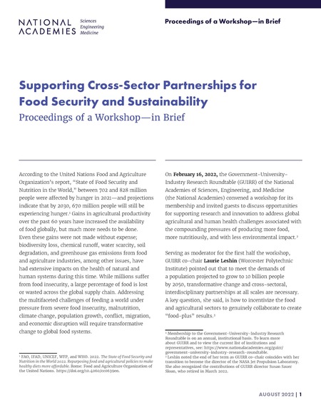 Supporting Cross-Sector Partnerships for Food Security and Sustainability: Proceedings of a Workshop–in Brief