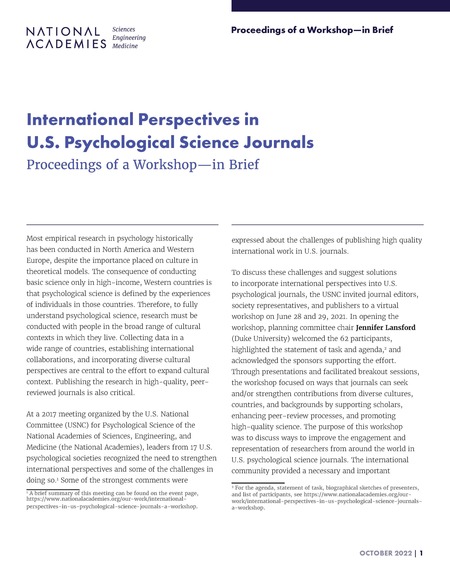 International Perspectives in U.S. Psychological Science Journals: Proceedings of a Workshop—in Brief