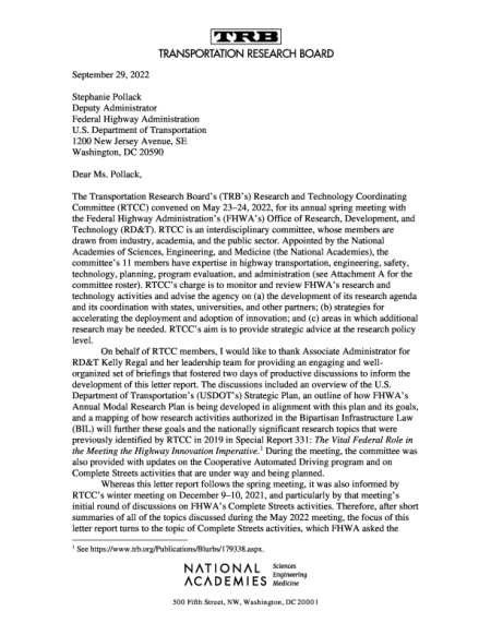 Research and Technology Coordinating Committee Letter Report: September 29, 2022