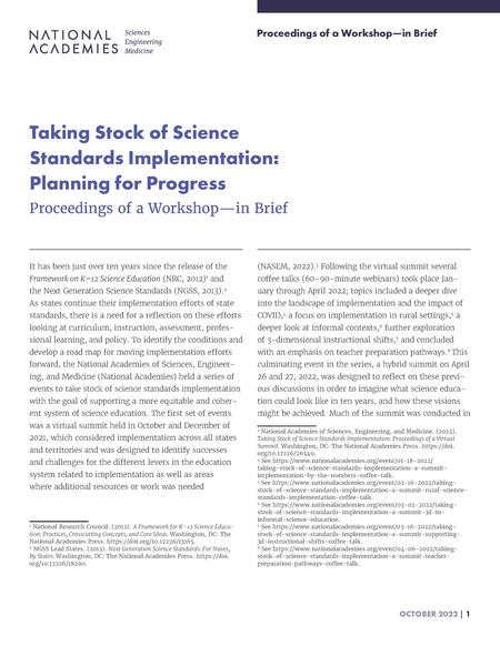 Taking Stock of Science Standards Implementation: Planning for Progress: Proceedings of a Workshop—in Brief