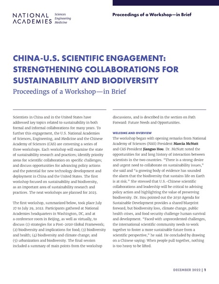 China-U.S. Scientific Engagement: Strengthening Collaborations for Sustainability and Biodiversity: Proceedings of a Workshop—in Brief