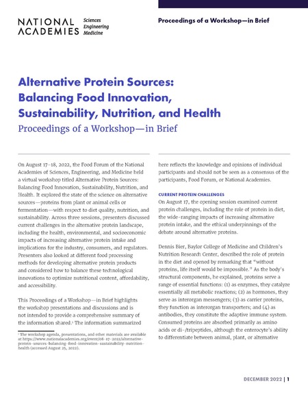 Alternative Protein Sources: Balancing Food Innovation, Sustainability, Nutrition, and Health: Proceedings of a Workshop–in Brief