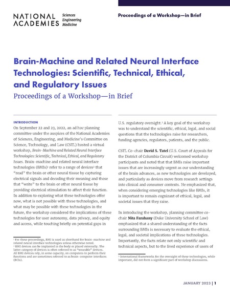 Brain-Machine and Related Neural Interface Technologies: Scientific, Technical, Ethical, and Regulatory Issues: Proceedings of a Workshop—in Brief