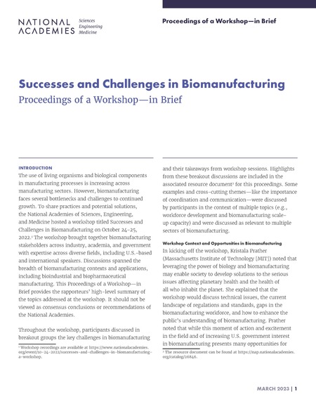 Successes and Challenges in Biomanufacturing: Proceedings of a