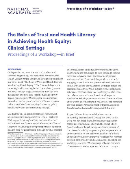 The Roles of Trust and Health Literacy in Achieving Health Equity: Clinical Settings: Proceedings of a Workshop-in Brief