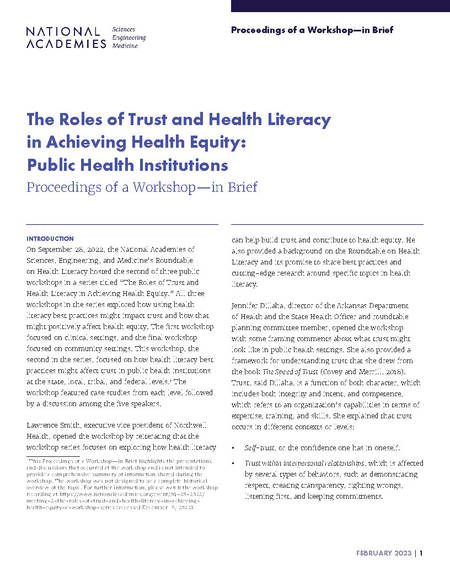 The Roles of Trust and Health Literacy in Achieving Health Equity: Public Health Institutions: Proceedings of a Workshop-in Brief