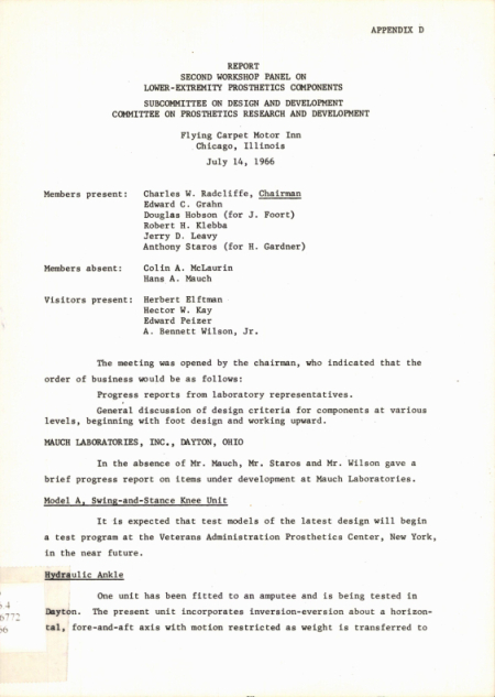 Report, Second Workshop Panel on Lower-Extremity Prosthetic Components, Subcommittee on Design and Development, Committee on Prosthetics Research and Development. Flying Carpet Motor Inn, Chicago, Illinois, July 14. 1966. Appendix D