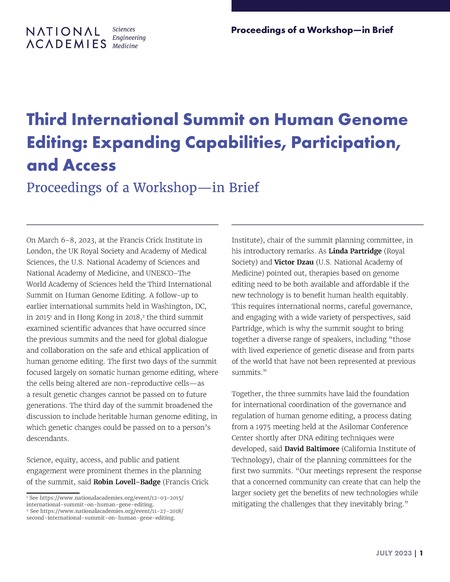 Third International Summit on Human Genome Editing: Expanding Capabilities, Participation, and Access: Proceedings of a Workshop—in Brief