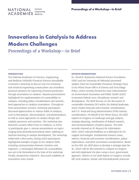 Innovations in Catalysis to Address Modern Challenges: Proceedings of a Workshop–in Brief