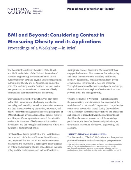 BMI and Beyond: Considering Context in Measuring Obesity and its Applications: Proceedings of a Workshop–in Brief