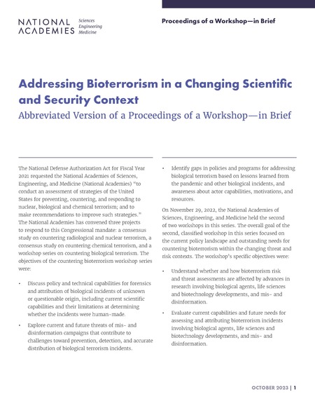 Addressing Bioterrorism in a Changing Scientific and Security Context: Abbreviated Version of a Proceedings of a Workshop–in Brief