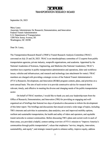 Transit Research Analysis Committee Letter Report: September 26, 2023