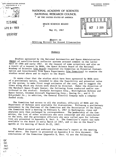 Space Science Board Report on orbiting mirrors for ground illumination: May 15, 1967