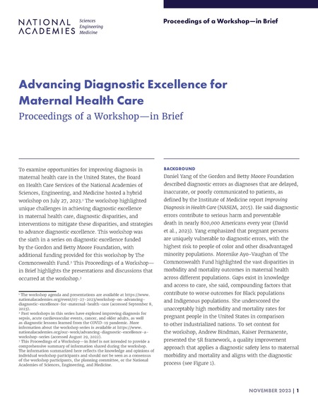 Advancing Diagnostic Excellence for Maternal Health Care: Proceedings of a Workshop–in Brief