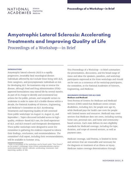 Amyotrophic Lateral Sclerosis: Accelerating Treatments and Improving Quality of Life: Proceedings of a Workshop–in Brief