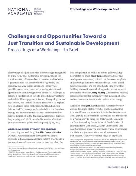Challenges and Opportunities Toward a Just Transition and Sustainable Development: Proceedings of a Workshop—in Brief