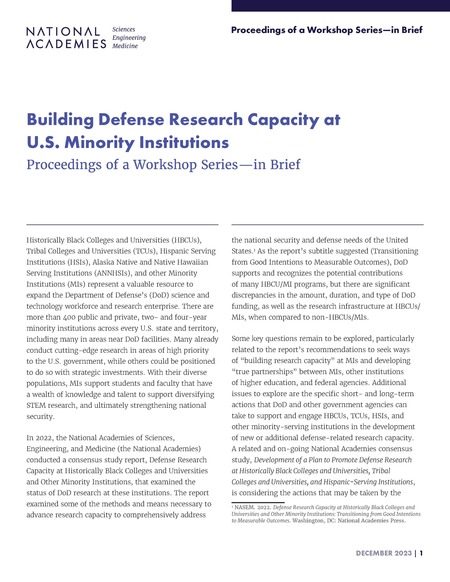 Building Defense Research Capacity at U.S. Minority Institutions: Proceedings of a Workshop Series—in Brief