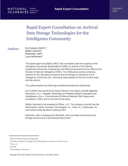 Rapid Expert Consultation on Archival Data Storage Technologies for the Intelligence Community
