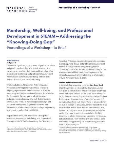 Mentorship, Well-Being, and Professional Development in STEMM: Addressing the "Knowing-Doing Gap": Proceedings of a Workshop—in Brief