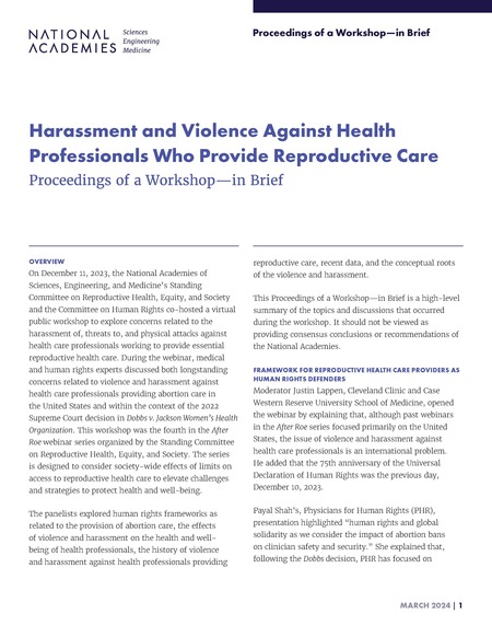 Harassment and Violence Against Health Professionals Who Provide Reproductive Care: Proceedings of a Workshop–in Brief