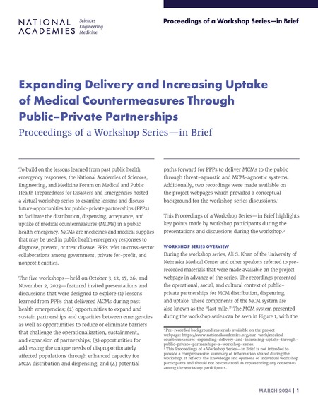 Expanding Delivery and Increasing Uptake of Medical Countermeasures Through Public–Private Partnerships: Proceedings of a Workshop–in Brief