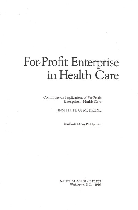 Cover: For-Profit Enterprise in Health Care