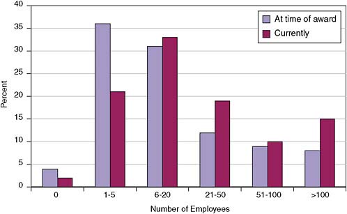 FIGURE 4-7 Employment distribution at responding companies, at time of award and currently.