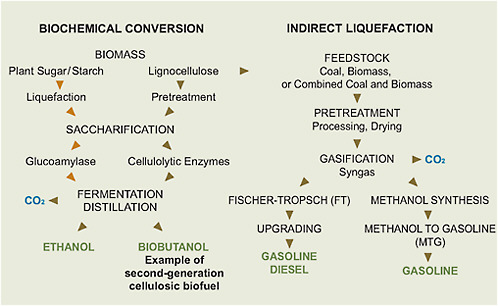FIGURE 5.2 Steps involved in the biochemical conversion of biomass and the thermochemical conversion (indirect route only) of coal, biomass, or combined coal and biomass into liquid transportation fuels.