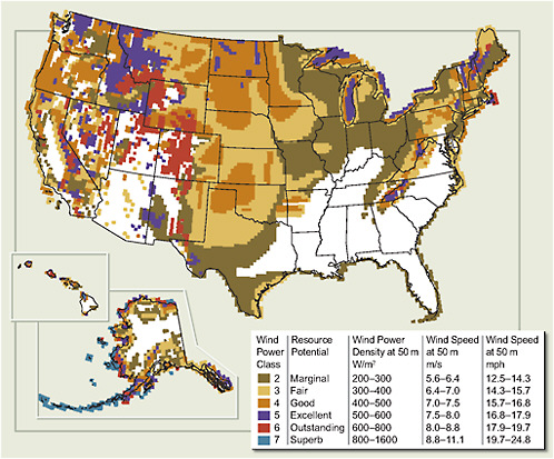 FIGURE 6.2 U.S wind resource map showing various wind power classes. Areas shown in white have class 1 wind resources.