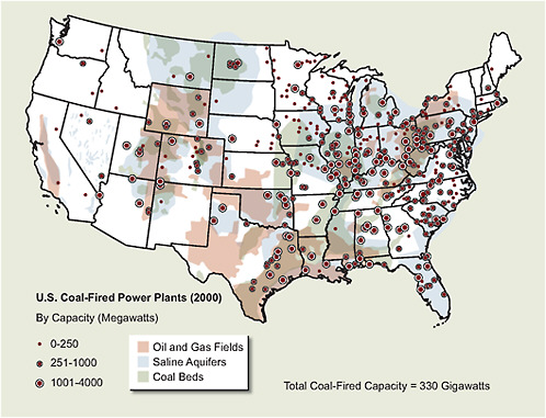 FIGURE 7.13 Locations of coal-fired power plants and potential subsurface formations that could be used for geologic storage of CO2.