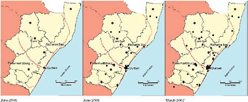 FIGURE 3-2 Facilities in KwaZulu-Natal Province where at least one XDR TB case was described or diagnosed from June 2005 to March 2007.