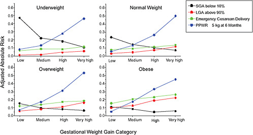 FIGURE G-18 GWG-specific absolute risks for SGA, LGA, emergency cesarean delivery and postpartum weight retention within each group.